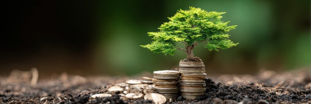 Tree Flourishes From Soil of Coins Representing Financial Growth and Literacy in a Symbolic Outdoor Setting
