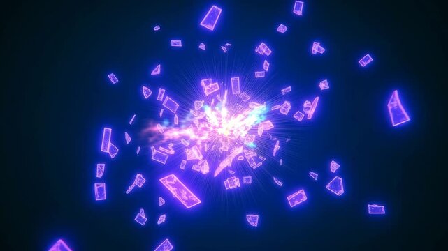 A cyberpunk explosion with neon holographic fragments