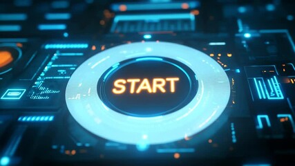 A digital START button glowing on a futuristic hologram - Powered by Adobe