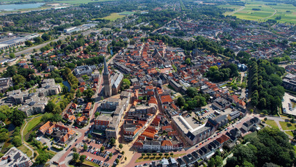 Aerial view of the old town of the city Steenwijk in the Netherlands on a sunny day in summer	