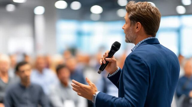 Confident male speaker blue suit holding microphone addressing audience business conference, professional event, public speaking, leadership, communication, focus presenter, businessman conference