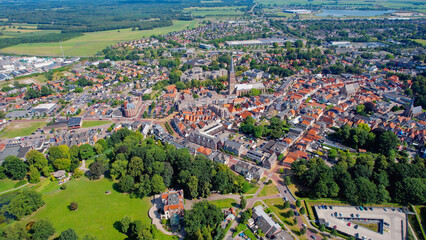 Aerial view of the old town of the city Steenwijk in the Netherlands on a sunny day in summer	