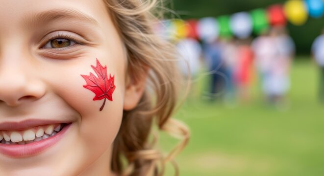 A child's smiling cheek painted with a maple leaf - Powered by Adobe
