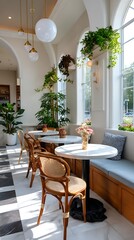 Bright and Airy Cafe Interior with Plants and Elegant Décor