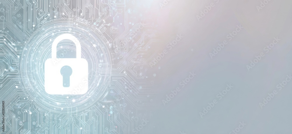 Poster a white lock icon on the left side of an abstract digital background with light blue and gray colors