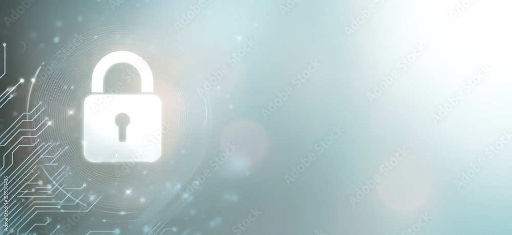 Poster a white lock icon on the left side of an abstract digital background with light blue and gray colors