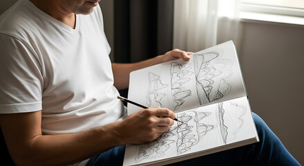 Man in white shirt sketching mountains in a sketchbook with a pencil in a bright room at daytime