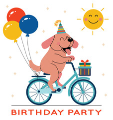 Birthday party invitation with happy dog ​​riding a bicycle with colorful balloons and a gift under the rays of a smiling sun