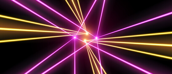 Laser rays or beams, glowing neon lines, bright futuristic background. Motion or speed light effect. Concert or nightclub spotlights. Vector illustration.