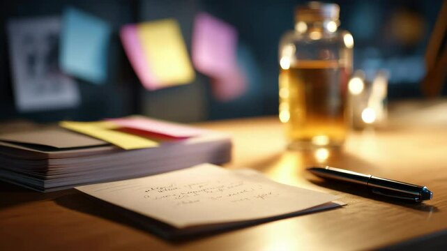 Handwritten note with black pen beside glass jar and colorful sticky note on wooden desk in cozy evening light, paper and sticky note create creative workspace atmosphere and warm inspiration