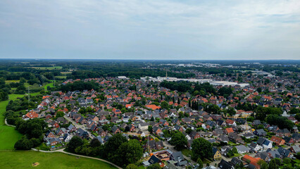 Aerial view of the old town of the city Münster-Kinderhaus in Germany on an overcast day