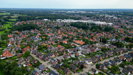 Aerial view of the old town of the city Münster-Kinderhaus in Germany on an overcast day