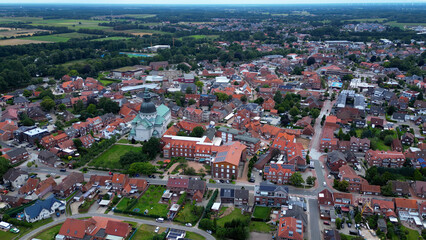 Aerial view of the old town of the city Haren 49733 in Germany on an overcast day