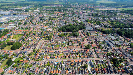 Aerial view of the old town of the city Wolvega in the Netherlands on a sunny day in summer	