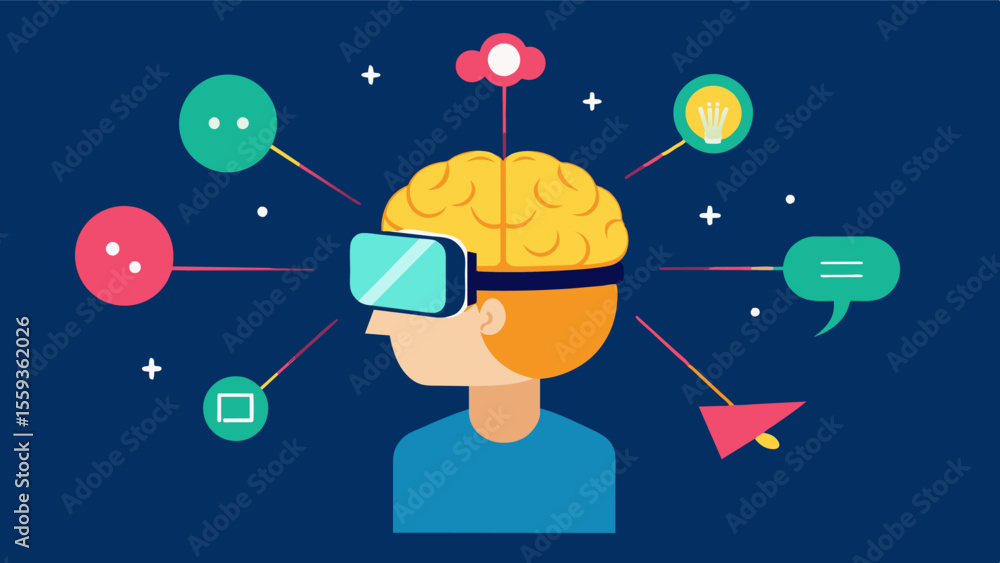 Poster a users brain lighting up with activity as they engage in a virtual reality interactive storytelling