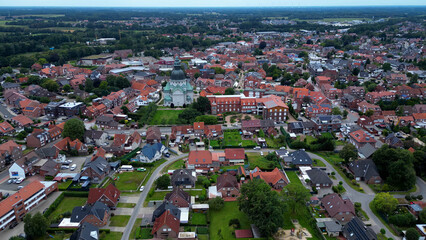 Aerial view of the old town of the city Haren 49733 in Germany on an overcast day
