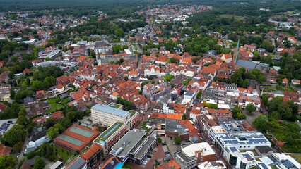 Aerial view of the old town of the city Lingen in Germany on an overcast day