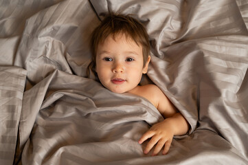 Top view of cute caucasian toddler lying in bed. 