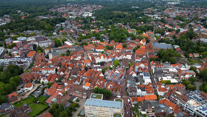 Aerial view of the old town of the city Lingen in Germany on an overcast day