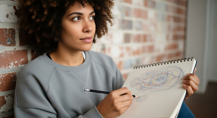 Woman with curly hair drawing in a sketchbook while leaning against a brick wall looking thoughtful