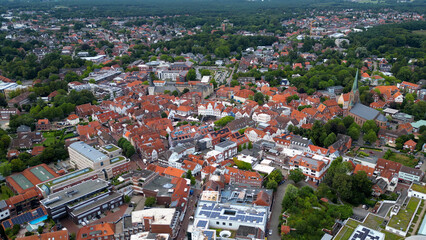 Aerial view of the old town of the city Lingen in Germany on an overcast day