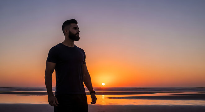 Man standing on beach silhouetted against a vibrant sunset with a contemplative expression on his face - Powered by Adobe