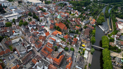Aerial view of the old town of the city Rheine in Germany on an overcast day in afternoon