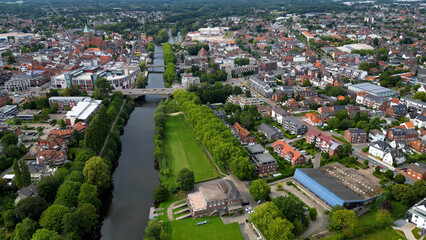 Aerial view of the old town of the city Rheine in Germany on an overcast day in afternoon