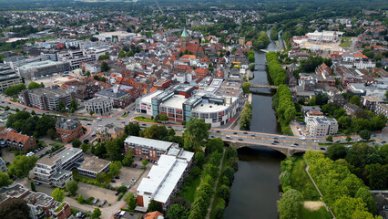 Aerial view of the old town of the city Rheine in Germany on an overcast day in afternoon