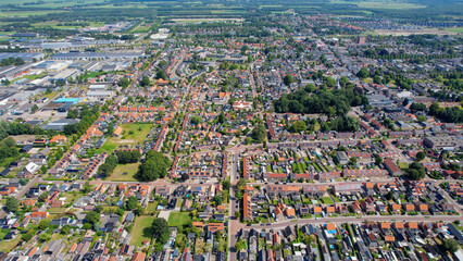 Aerial view of the old town of the city Wolvega in the Netherlands on a sunny day in summer	
