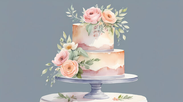 Soft pastel watercolor artwork featuring a wedding cake with botanical decorations, elegant and fresh original composition ideal for wedding invitations and event designs