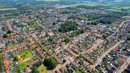 Aerial view of the old town of the city Wolvega in the Netherlands on a sunny day in summer	