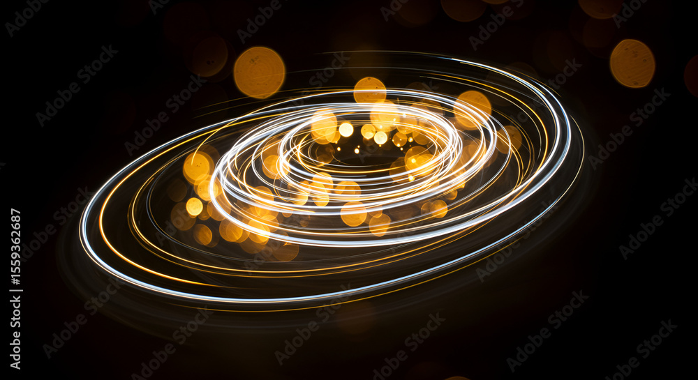 Poster abstract light trails and bokeh creating a mesmerizing spiral on black background