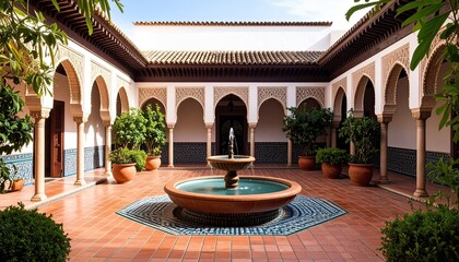 Moorish Courtyard Featuring Ornate Fountain and Arabesque Archways