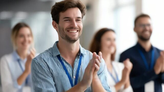 Smiling man with beard striped shirt and lanyard clapping hands office, happy colleagues applauding and clapping background, positive teamwork, supportive atmosphere, office success, colleague