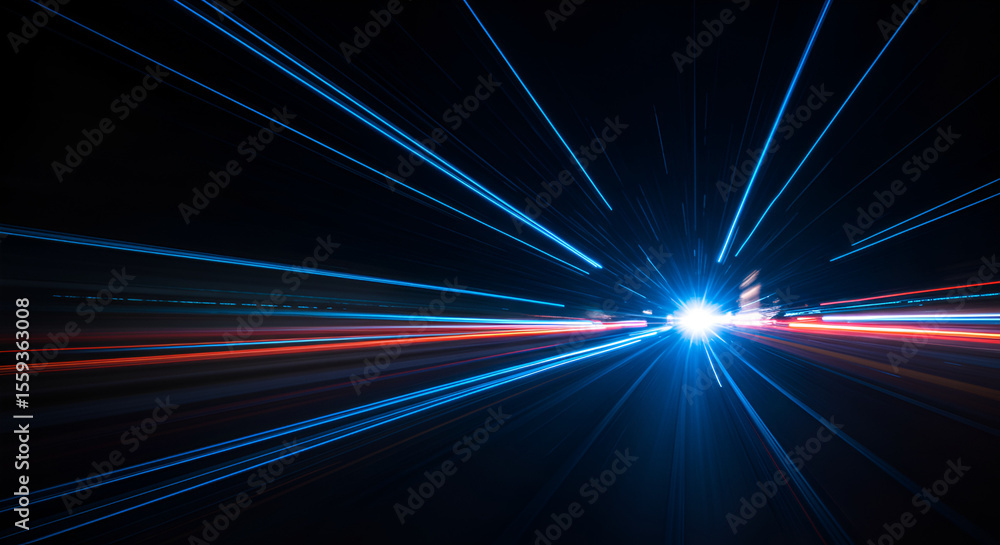 Poster abstract speed light motion blur background with glowing trails in the dark