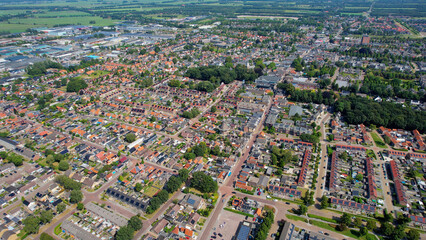 Aerial view of the old town of the city Wolvega in the Netherlands on a sunny day in summer	