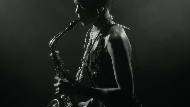 Black and white side view shot of glamorous Black woman playing saxophone in dramatic spotlight with dark backdrop, copy space