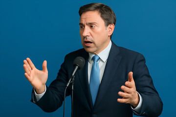 Mężczyzna w garniturze przemawia do mikrofonu, wyrażając emocje podczas wystąpienia publicznego