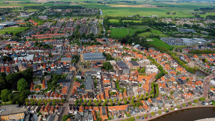 Aerial view of the old town of the city Franeker in the Netherlands on a sunny day in summer	

