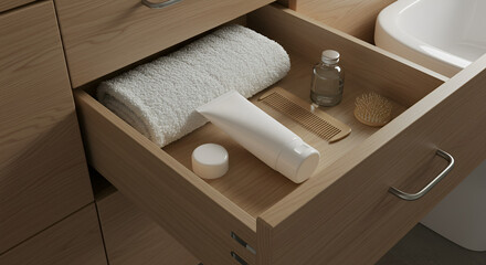 Minimalist Bathroom Drawer White Towel Cosmetics Wooden Comb Clean Aesthetic.