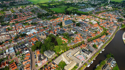 Aerial view of the old town of the city Franeker in the Netherlands on a sunny day in summer	
