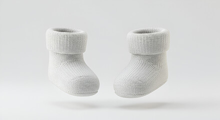 Minimalist Pair of White Knit Baby Booties Studio Shot Soft Lighting Clean Background.