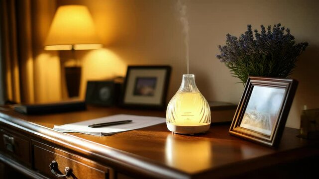 Aromatherapy diffuser emits gentle mist on wooden desk with framed photo, lavender bouquet, and warm lamp, creating cozy, relaxing home atmosphere and calm ambiance for desk d�cor
