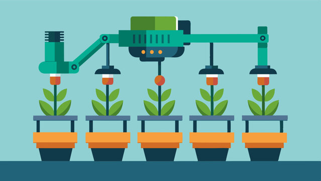 An automated transplanting machine equipped with adjustable arms and grippers making it suitable for a wide range of plant sizes and types.. Vector illustration