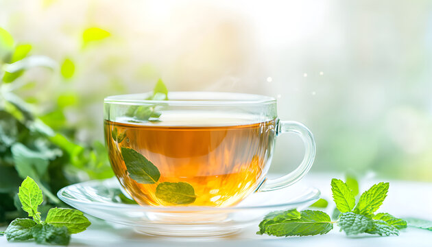 cups of tea with mint on wooden table