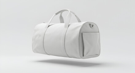 Minimalist White Duffel Bag Floating on White Background Studio Shot.