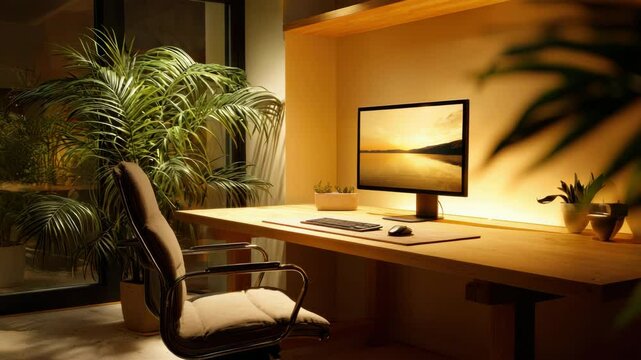 Modern home office workspace featuring ergonomic chair, wooden desk, computer monitor, keyboard, mouse, indoor plant, and abundant natural light, creating cozy and productive atmosphere with warm