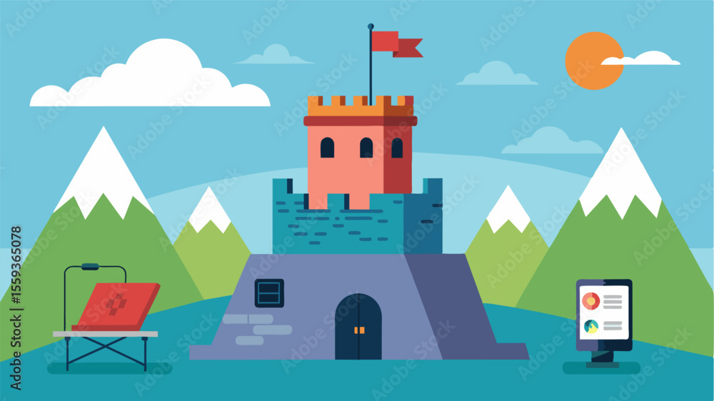 Poster at the top of the castle keep a digital nomad has set up a makeshift campsite complete with a solarp