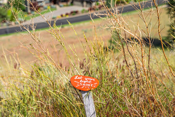 A hand painted Kindness Rock left on a wooden post along a walking trail with Let Your Light Shine...